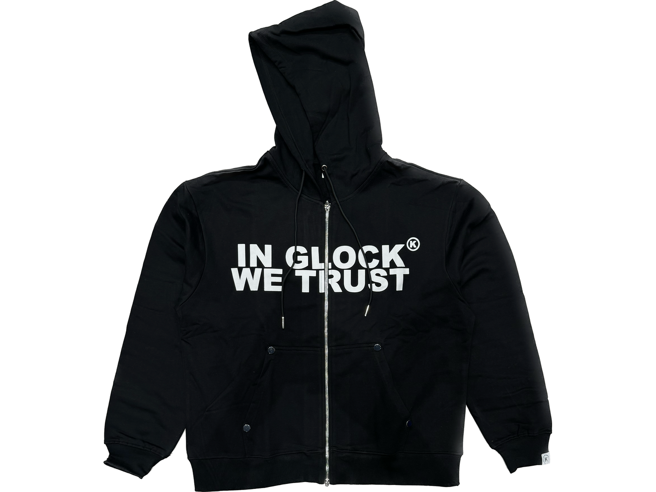 In Glock We Trust Zip Up Hoodie White Letters Black