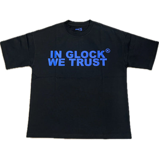 In Glock We Trust Tee Blue Letters Black